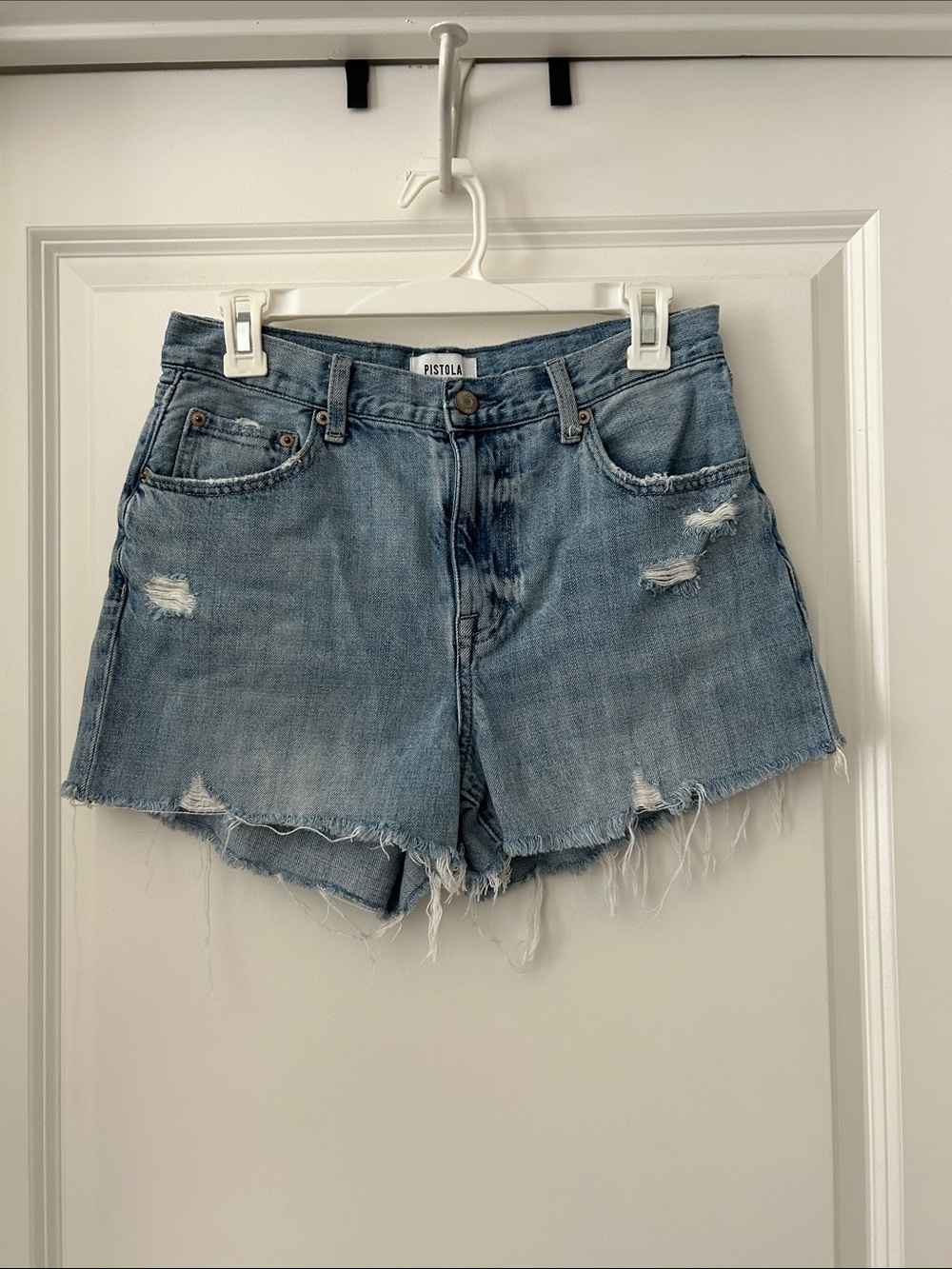 pistola faded light blue distressed denim cutoff shorts